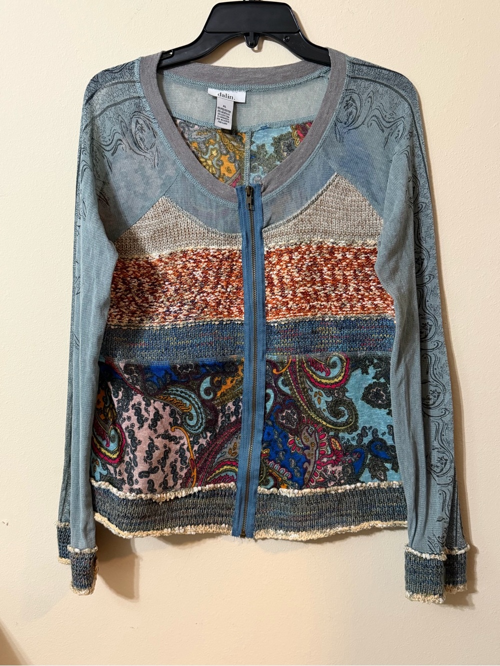 Dalin Boho Patchwork Paisley Zip-Up Cardigan Sweater XL